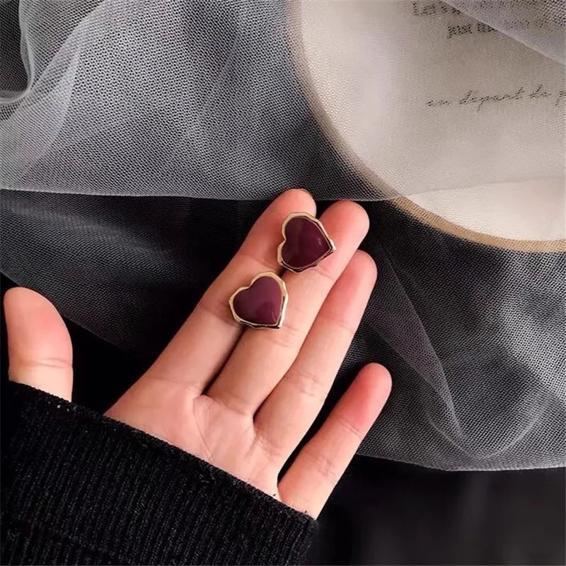 Imported Burgundy Heart - Wine Marble Heart Korean Glittering Stud | Heart Love Studs Trendy Earrings For Women