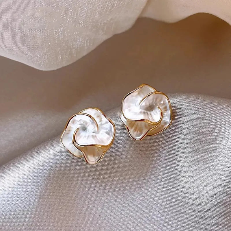 Exquisite Pearl Rose Mini Stud Earrings | White Camellia Earrings | White Rose Earrings