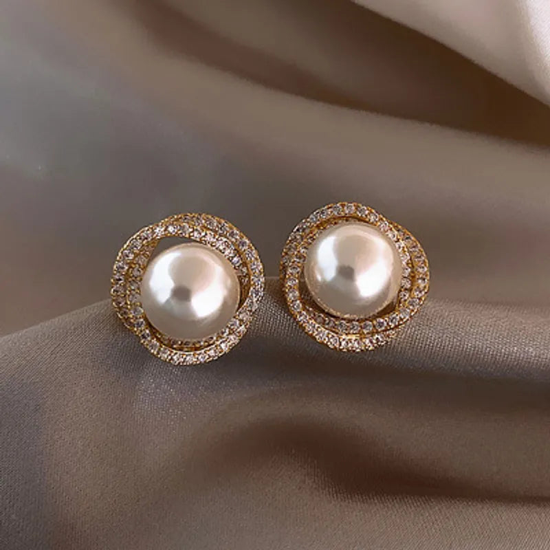 Round Shaped Gold Plated With Cubic Zirconia & Pearl Stud Earring For Women & Girls