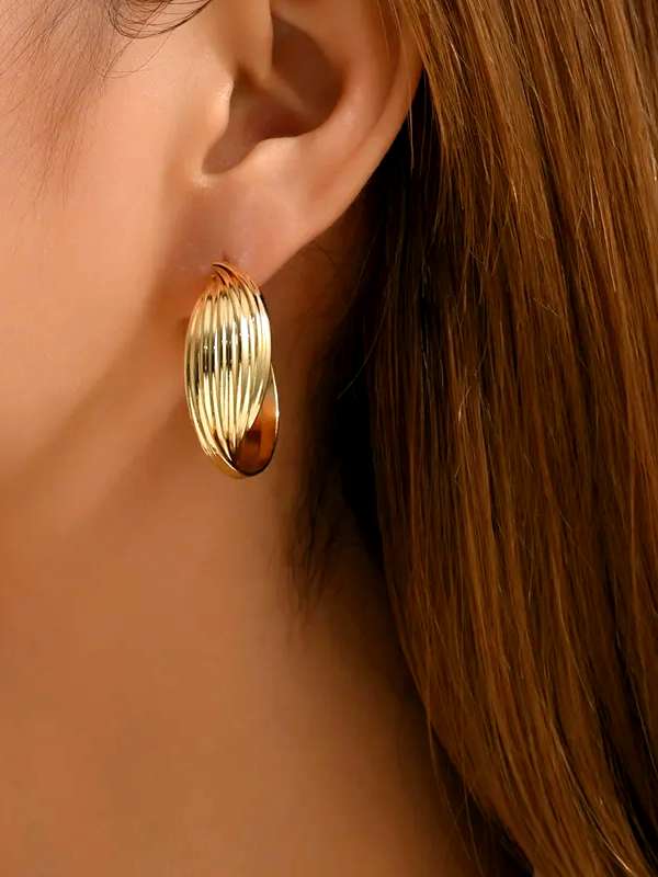 Gold Toned Contemporary Hoop Earrings | Gold Pleated Hoops | Trending Hoop Earrings