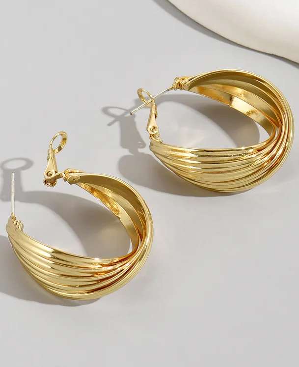 Gold Toned Contemporary Hoop Earrings | Gold Pleated Hoops | Trending Hoop Earrings