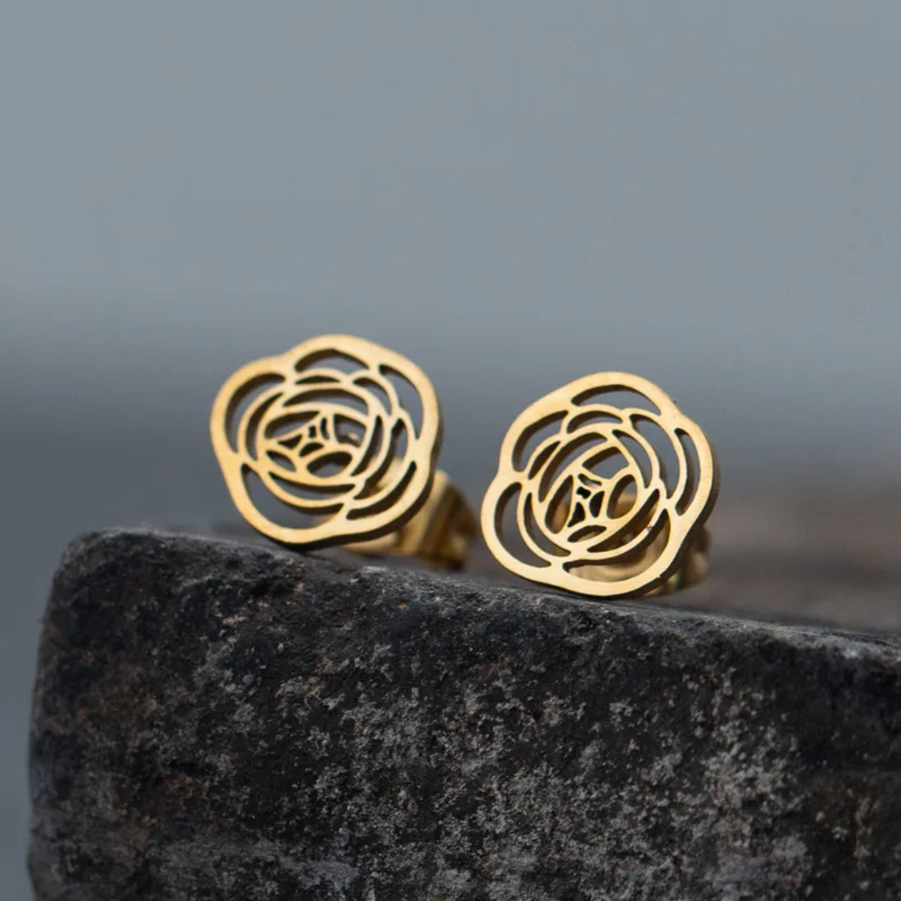 Anti-Tarnish Titanium Steel Rose Shape Golden Stud Earrings | Gift For Her |