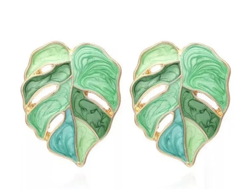 Gold-Plated Floral Enamel Fusion Stud Earrings | Leaf Earrings | Green Leaf Earrings