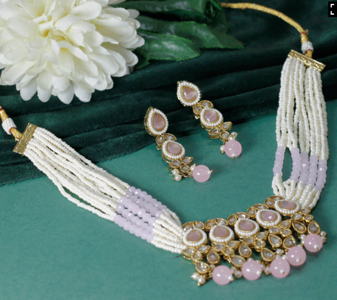 Pink Kundan Pearl Necklace | Elegant Pearl Necklace | Traditional Partywear Necklace with Earrings