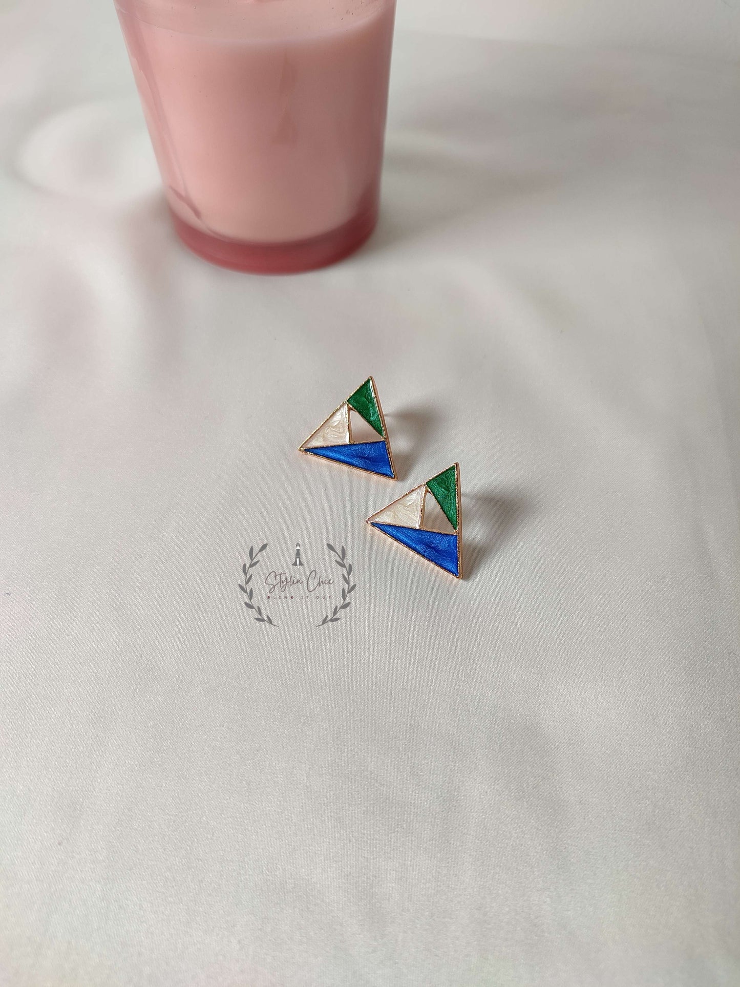 Triangle Geometric Drop Earrings | Geometric Earrings | Blue , White & Green Earrings