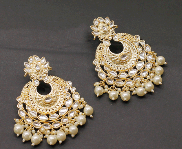 Golden Kundan white pearl Chandbali