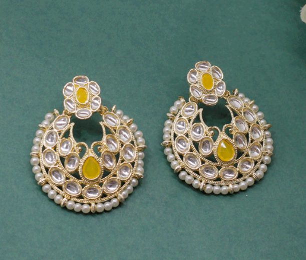 Yellow Kundan Chand Bali Earrings | Traditional Kundan Earrings