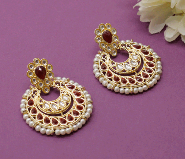 Marron Kundan Chandbali Earrings
