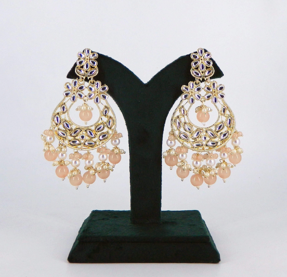 Golden Kundan Chandbali With Peach Dangling Pearls | Peach Chandbali | Traditional Peach Earrings