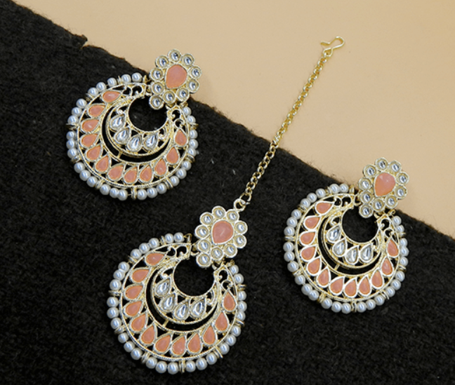 Peach Color Kundan Chandbali with Maang Teeka