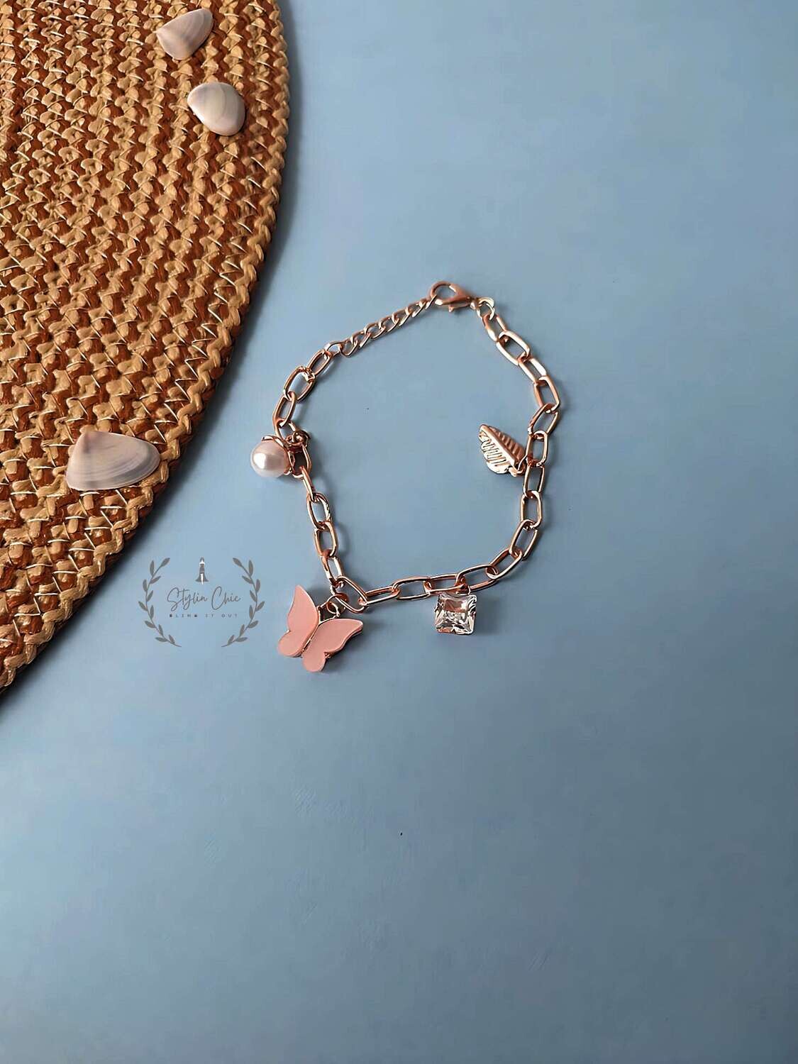 Pink Butterfly Charms Pearl Diamond Bracelet Link Chain Adjustable Free Size | Birthday Gift for Girls and Women Anniversary Gift for Wife