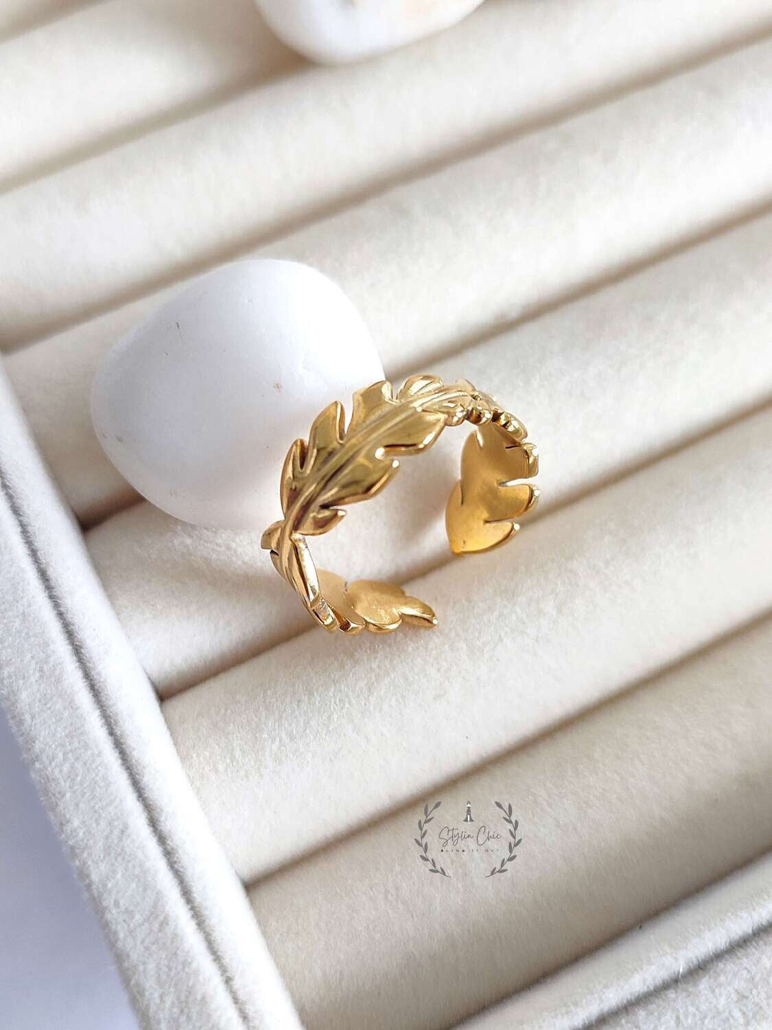 Anti-Tarnish Titanium Steel Leaf Design Open Ring | Golden Ring | Leaf Ring