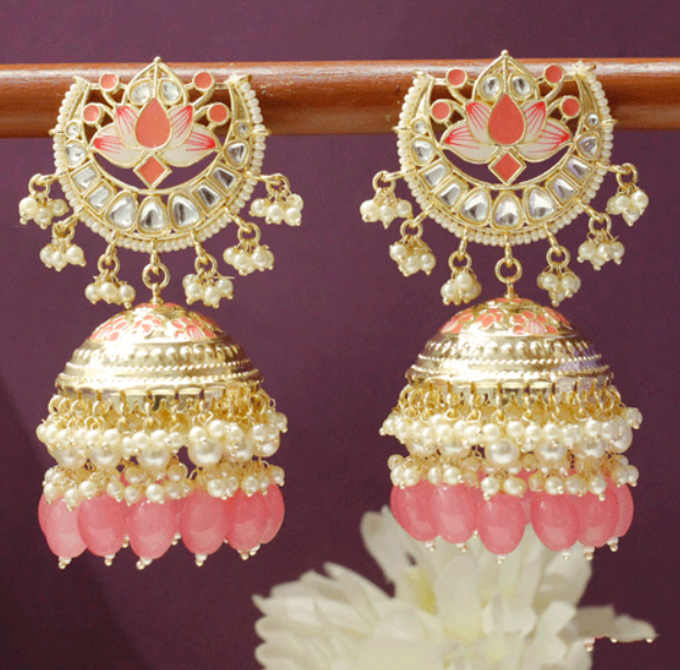 Brass Meenakari Kundan Pink Lotus Jhmuka | Permium Quality Jewellery | Festive Collection