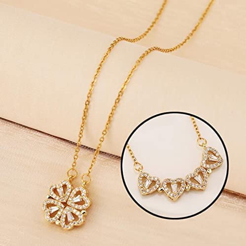 Zircon Heart Magnetic Clover Necklace - Rose Gold | 4 Heart Magnetic Rose Gold Necklace Heart Necklace Diamond Pendants Chains Valentine gifts