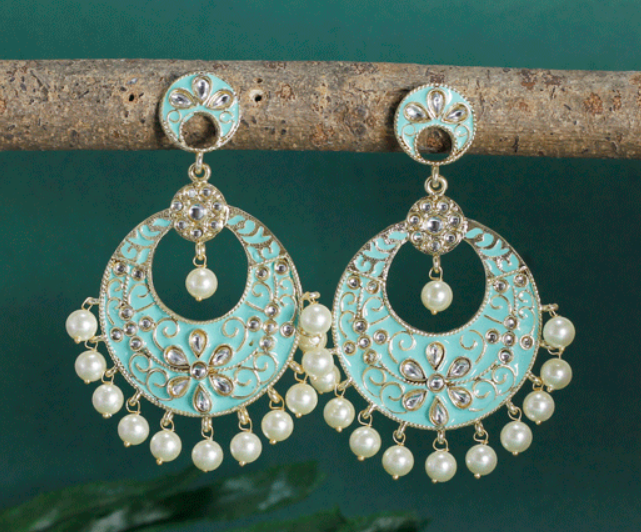Mint Green or Sea Green Color Meenakari Chandbali Earrings