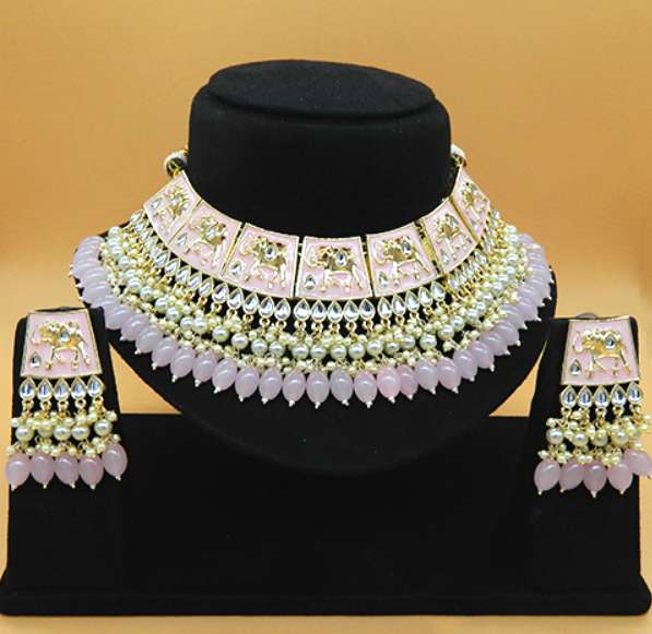 Pink Meenakari Necklace Set With Earrings | Pink Heavy Necklace | Bridal Meenakari Necklace