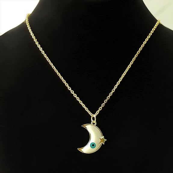 Evil Eye Charms Crescent Moon Pendant ,White Enamel Evil Eye Gold Plated Pendant for Women