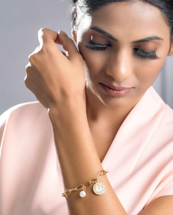 Bracelet - Queen Coin With Pearl Charm | Golden Coin Bracelet | Golden Chain & Coin Bracelet