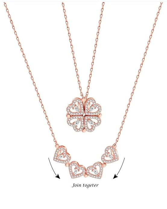 Zircon Heart Magnetic Clover Necklace - Rose Gold | 4 Heart Magnetic Rose Gold Necklace Heart Necklace Diamond Pendants Chains Valentine gifts