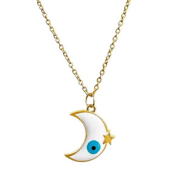 Evil Eye Charms Crescent Moon Pendant ,White Enamel Evil Eye Gold Plated Pendant for Women