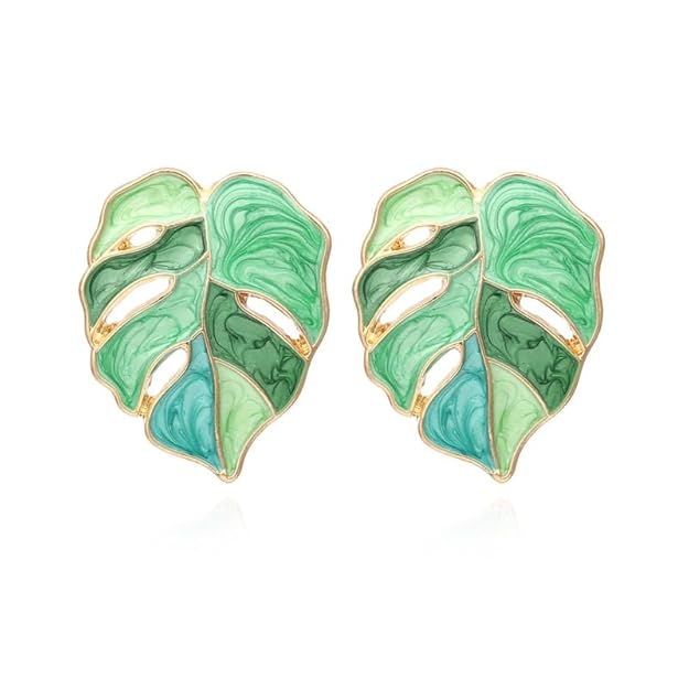 Gold-Plated Floral Enamel Fusion Stud Earrings | Leaf Earrings | Green Leaf Earrings