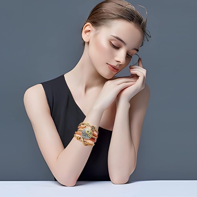 Sunflower Leather Bracelet | Time Gem Bracelet Female Retro Butterfly 8-Character Combination Bracelet |