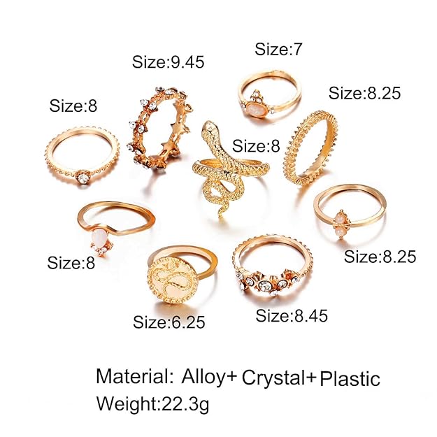 Snake, Leaf ,Round Alloy Inlay Rhinestones Pearl Contemporary Stackable Rings Set of 9 | Set of Rings