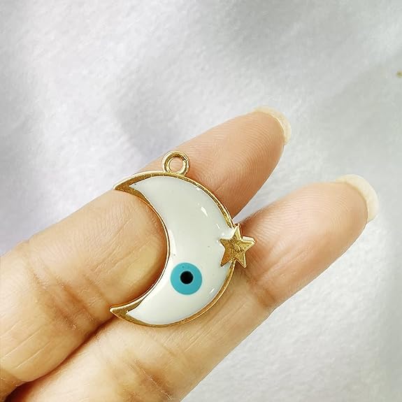 Evil Eye Charms Crescent Moon Pendant ,White Enamel Evil Eye Gold Plated Pendant for Women