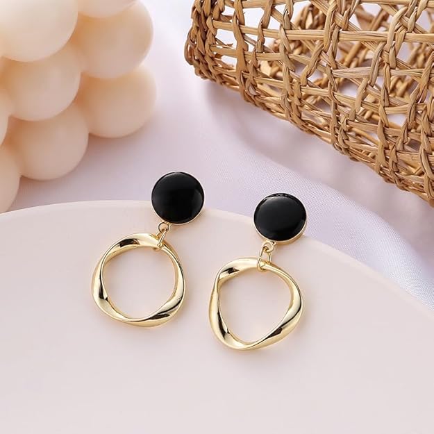 Basic Essential Dangle Gold & Black Earring For Women & Girls
