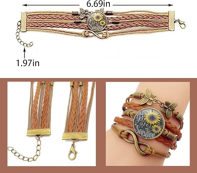 Sunflower Leather Bracelet | Time Gem Bracelet Female Retro Butterfly 8-Character Combination Bracelet |