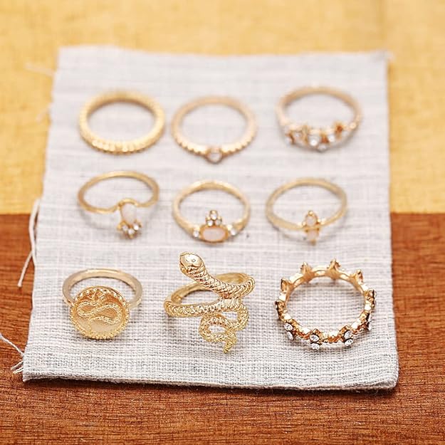 Snake, Leaf ,Round Alloy Inlay Rhinestones Pearl Contemporary Stackable Rings Set of 9 | Set of Rings