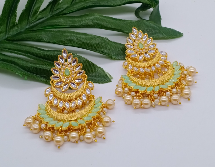 Golden Traditional Kundan Earrings | Mint-Green Kundan Traditional Earrings