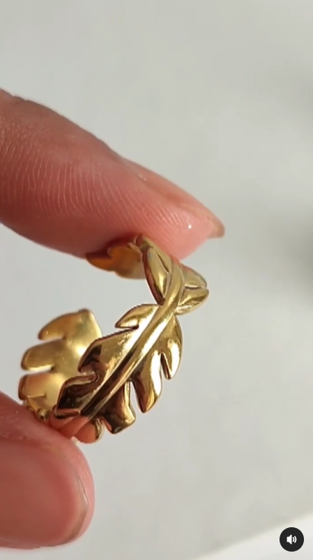 Anti-Tarnish Titanium Steel Leaf Design Open Ring | Golden Ring | Leaf Ring