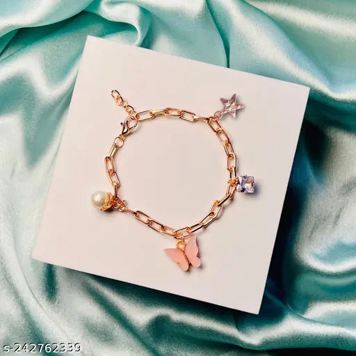 Pink Butterfly Charms Pearl Diamond Bracelet Link Chain Adjustable Free Size | Birthday Gift for Girls and Women Anniversary Gift for Wife