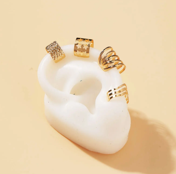 Bohemia Leaf Hoop Ear Cuff Earring | Gold Huggie Hoop Earrings | Multi Line Ear Wrap Earring | Circle Ear Clip Earring Non Pierced Earrings Jewellery | Set of Four Earrings