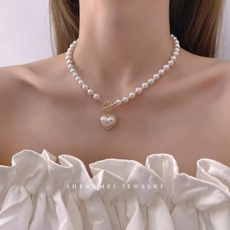 Heart Shape Imitation Pearl Alloy Splicing Necklace | Pearl Heart Necklace
