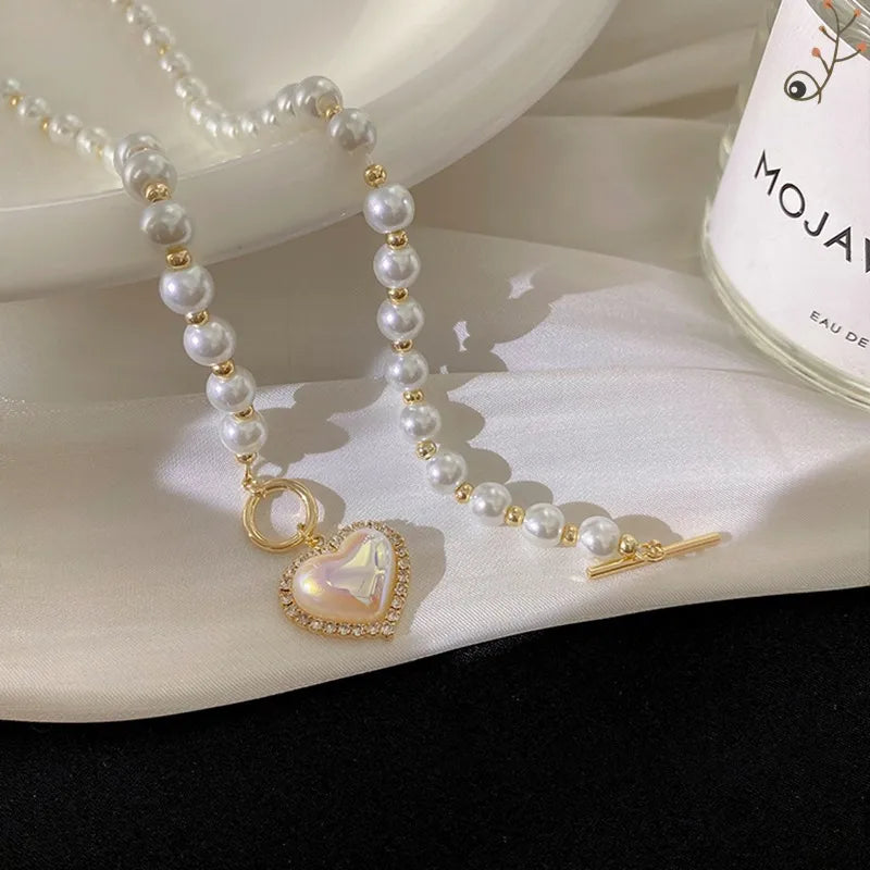 Heart Shape Imitation Pearl Alloy Splicing Necklace | Pearl Heart Necklace
