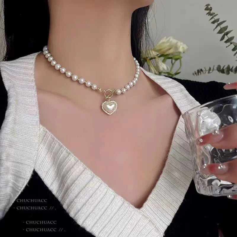 Heart Shape Imitation Pearl Alloy Splicing Necklace | Pearl Heart Necklace
