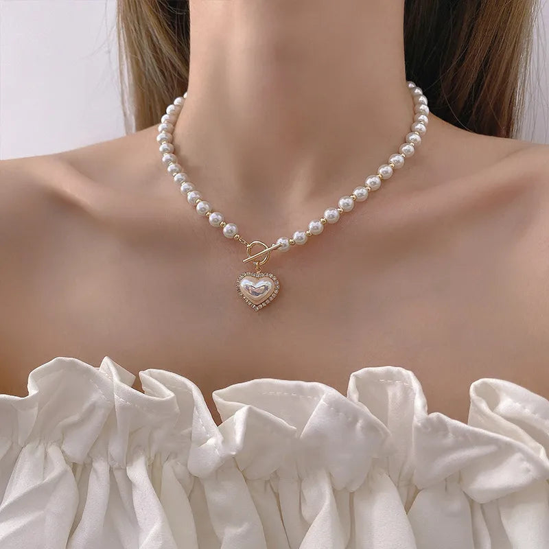Heart Shape Imitation Pearl Alloy Splicing Necklace | Pearl Heart Necklace
