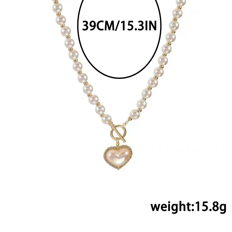 Heart Shape Imitation Pearl Alloy Splicing Necklace | Pearl Heart Necklace