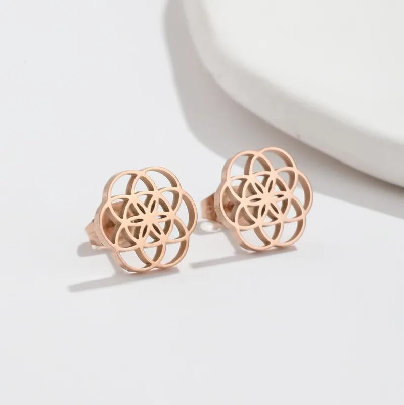 Anti Tarnish Titanium Steel Mandala Flower Stud Earrings for Women, Minimalist studs