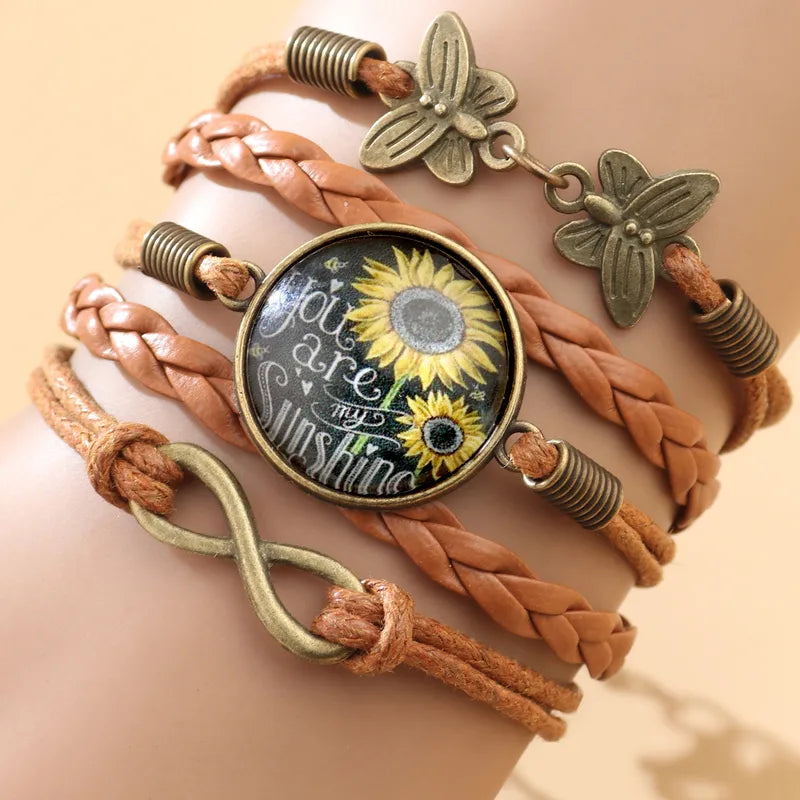 Sunflower Leather Bracelet | Time Gem Bracelet Female Retro Butterfly 8-Character Combination Bracelet |