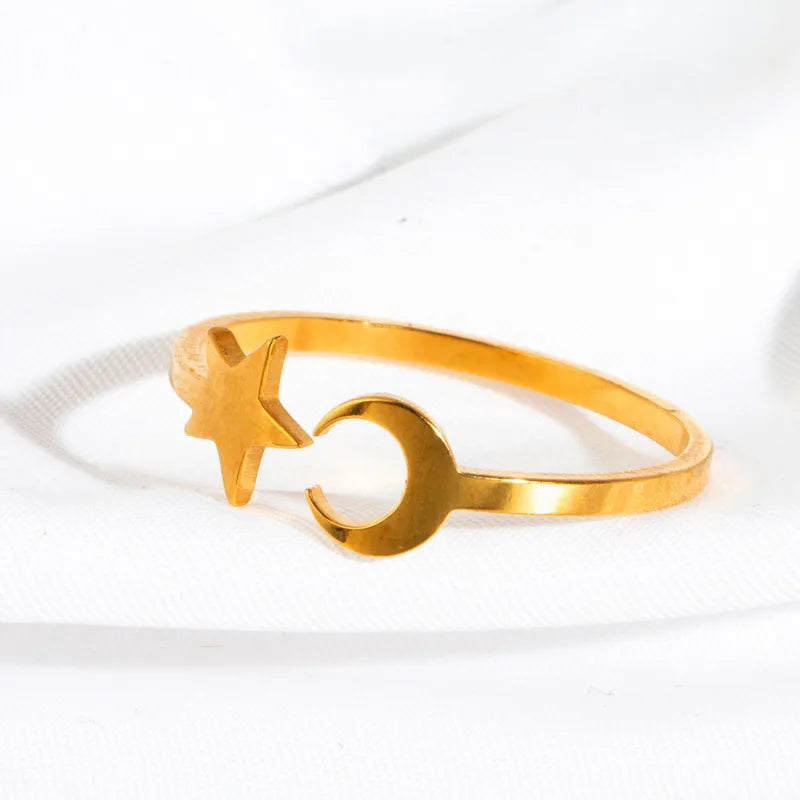 Anti-Tarnish Titanium Steel Golden Open Crescent Moon Star Ring Adjustable for Women Girls | Gift For Her