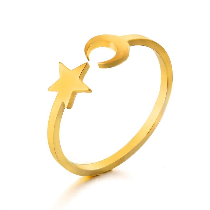 Anti-Tarnish Titanium Steel Golden Open Crescent Moon Star Ring Adjustable for Women Girls | Gift For Her