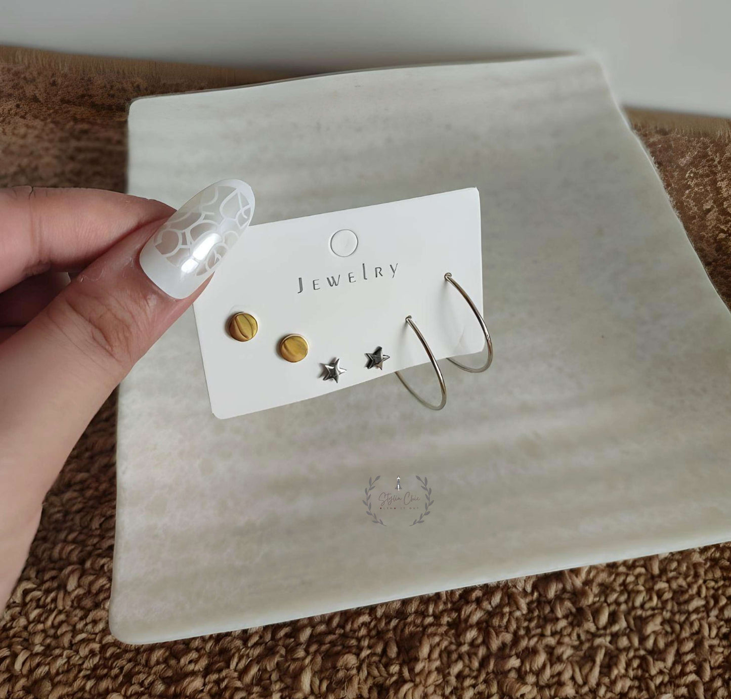 Anti -Tarnish Korean Retro Geometric Set of Three Earrings Gift For Her | Jewellery Gift Idea | Set of Three Earrings | One Set of Hoop Earring , Star Earring | Golden Plain Earrings