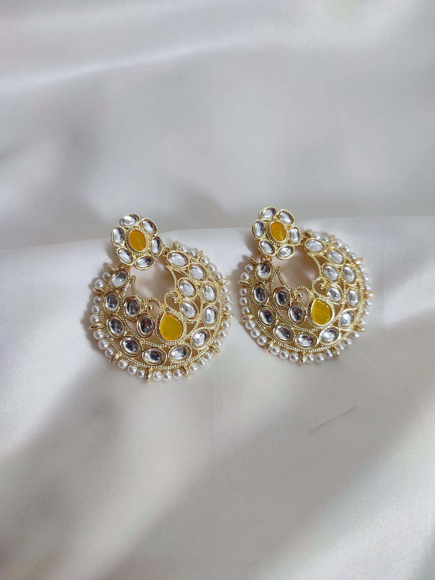 Yellow Kundan Chand Bali Earrings | Traditional Kundan Earrings