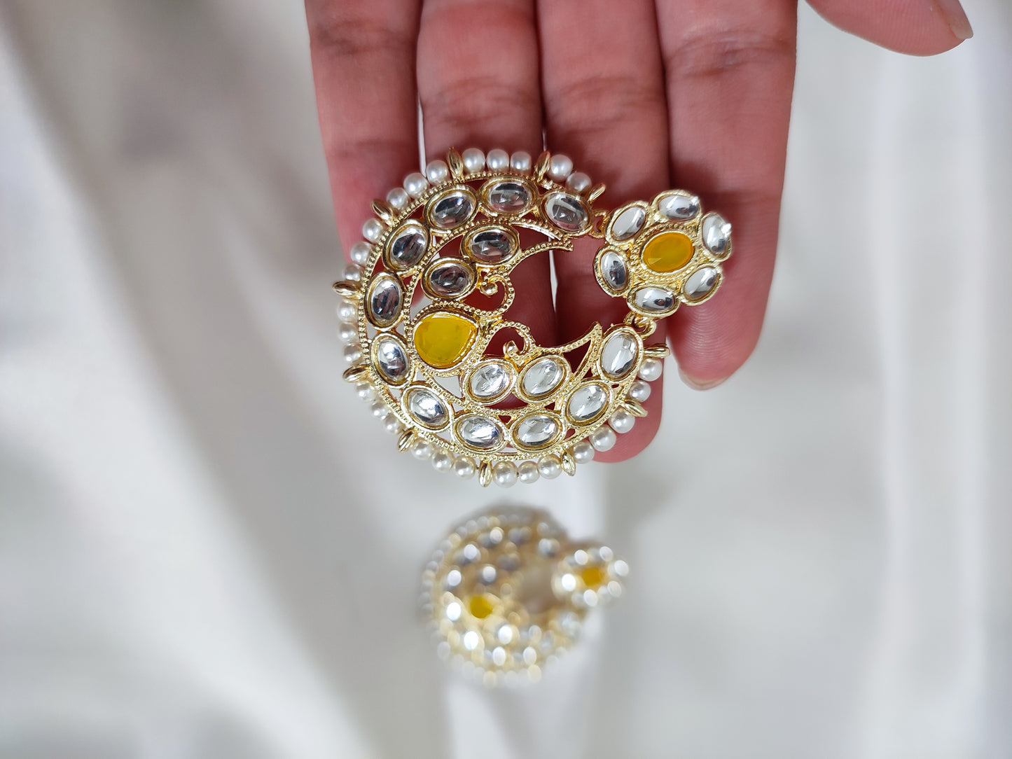 Yellow Kundan Chand Bali Earrings | Traditional Kundan Earrings
