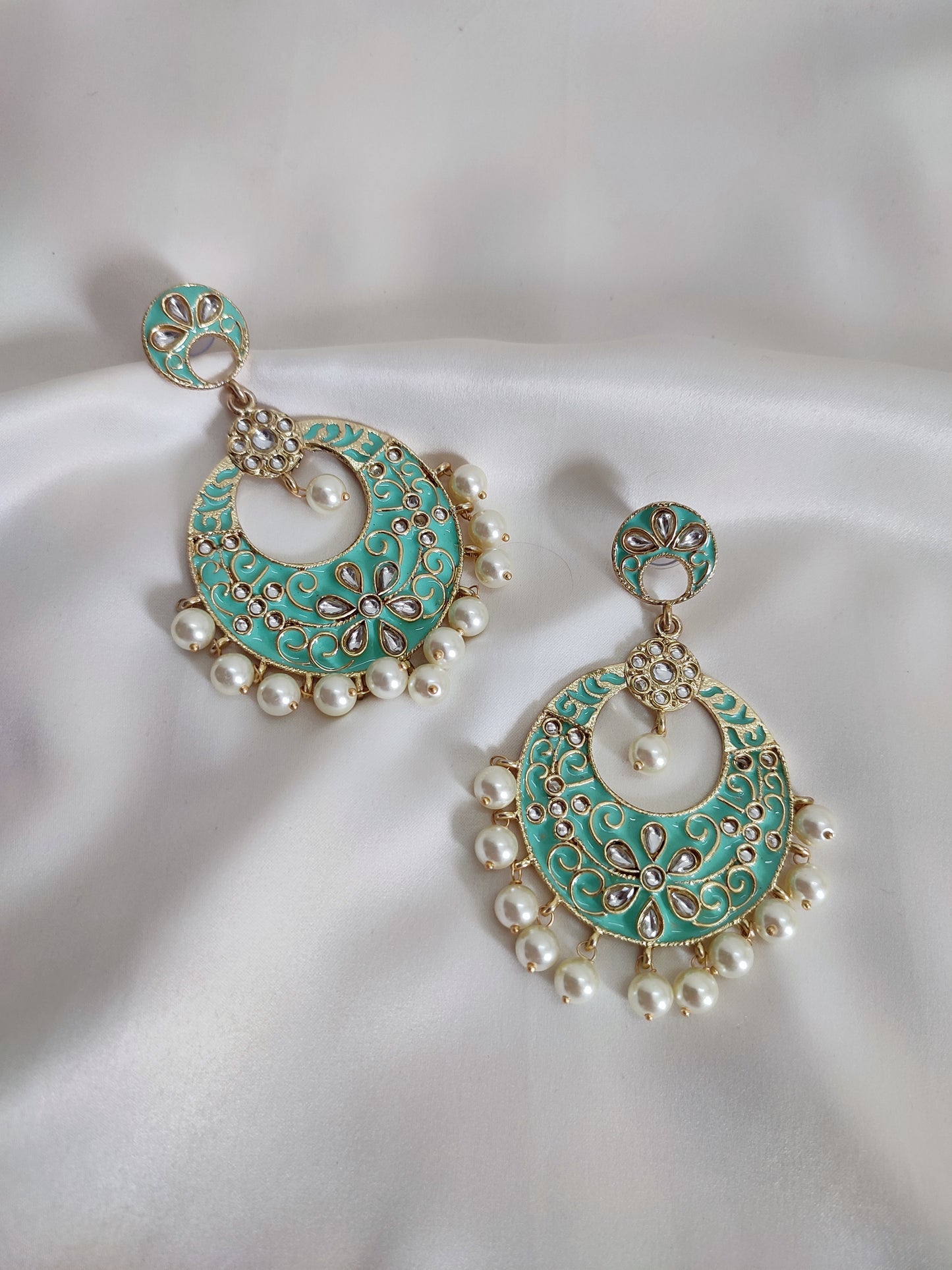 Mint Green or Sea Green Color Meenakari Chandbali Earrings