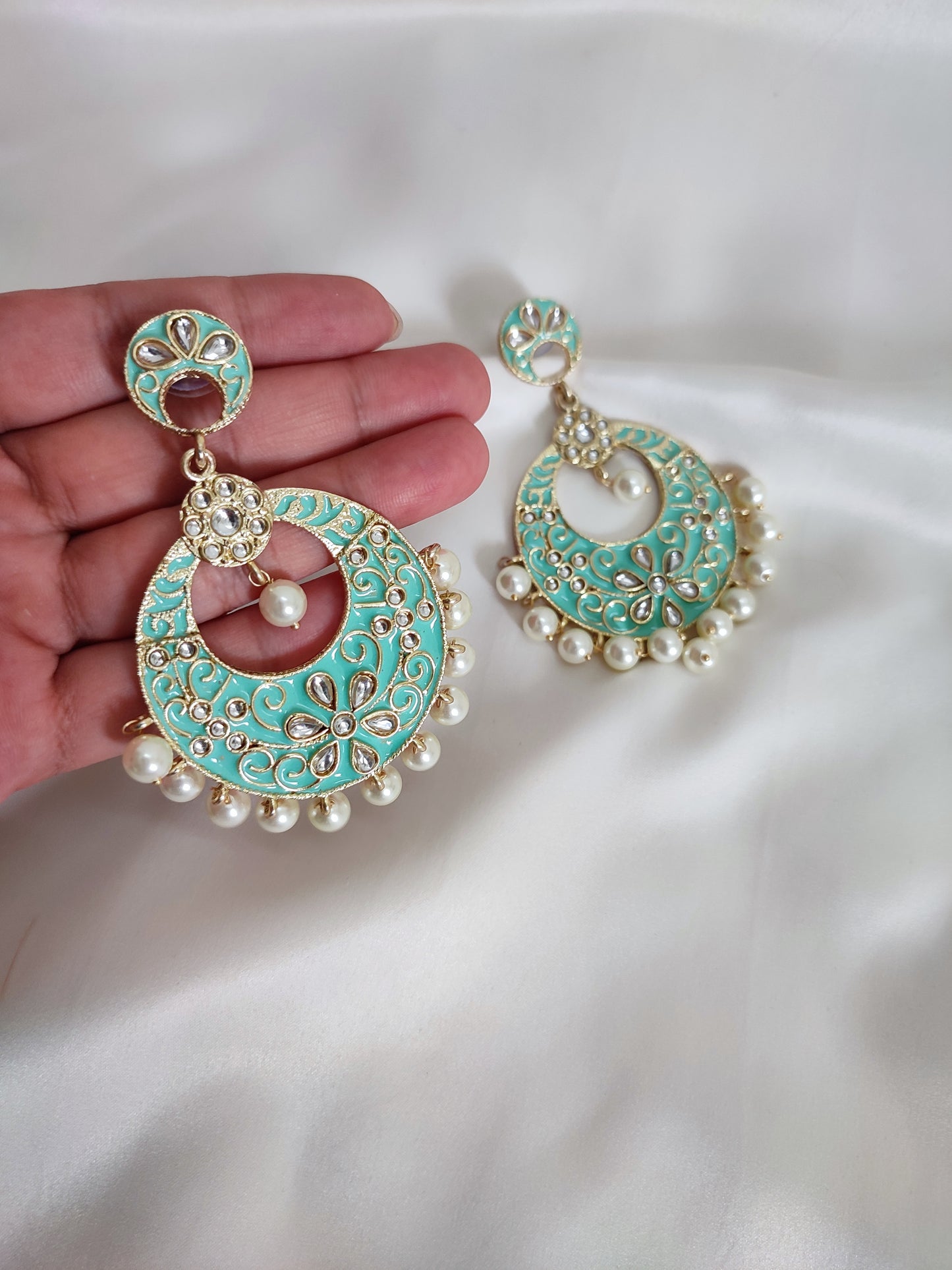 Mint Green or Sea Green Color Meenakari Chandbali Earrings