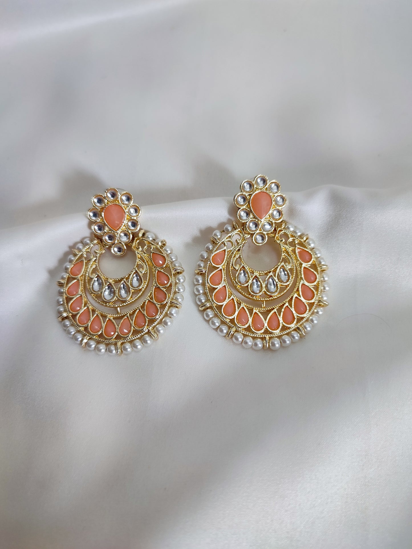 Peach Color Kundan Chandbali with Maang Teeka